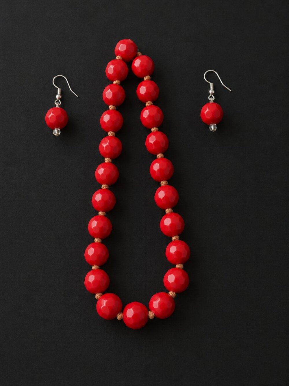 Chunky Red Faceted Bead Necklace & Earring Set Retro Statement Jewelry